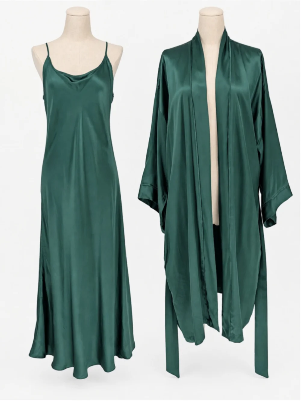 Vintage Bali 100% Silk Slip Dress Robe 2pc Set Emerald Green XL Y2K